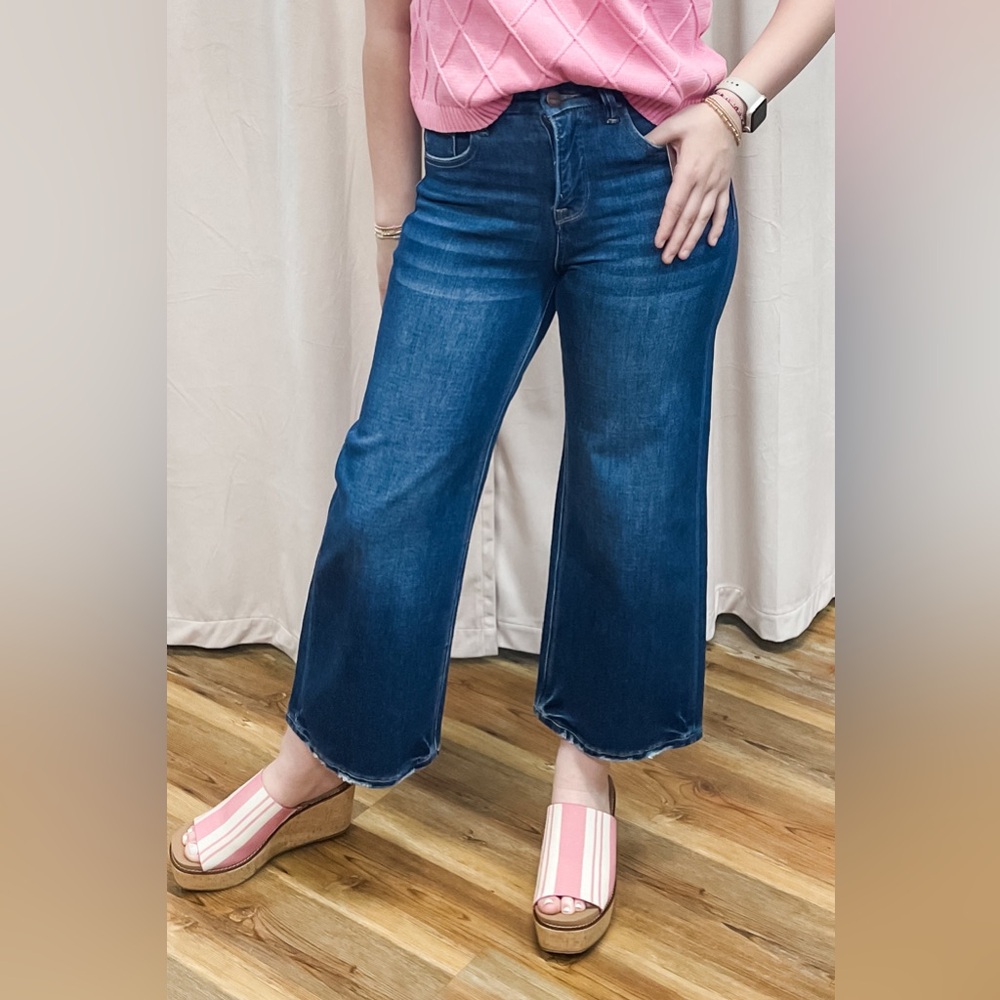 Risen Tummy Control High Rise Crop Wide Leg Jeans PWC21483 Dark 4 Way Stretch